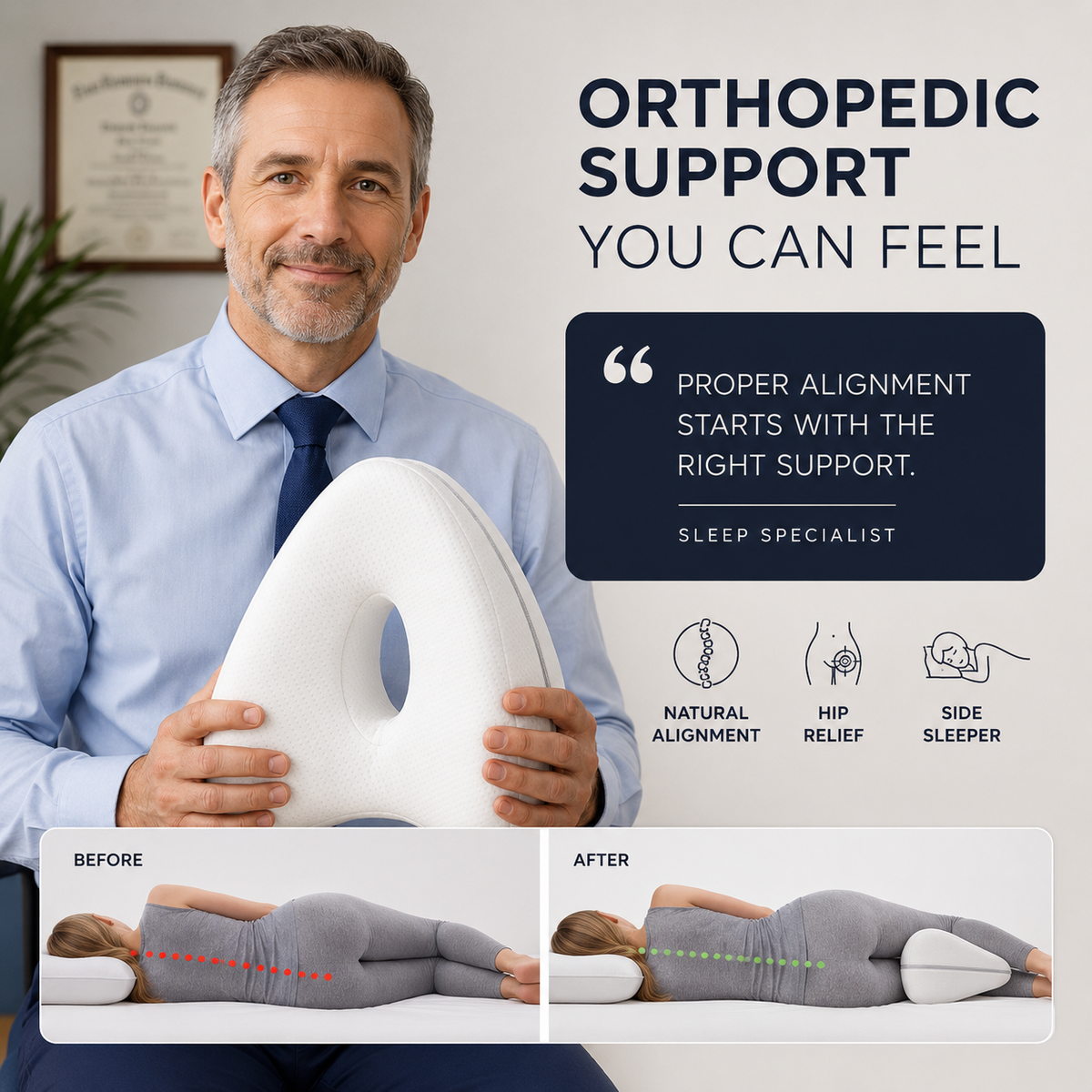Ergonomic Knee Cushion for Side Sleepers – Contoured Hip Alignment Support Pillow with Adjustable Strap – Breathable Memory Foam for Lower