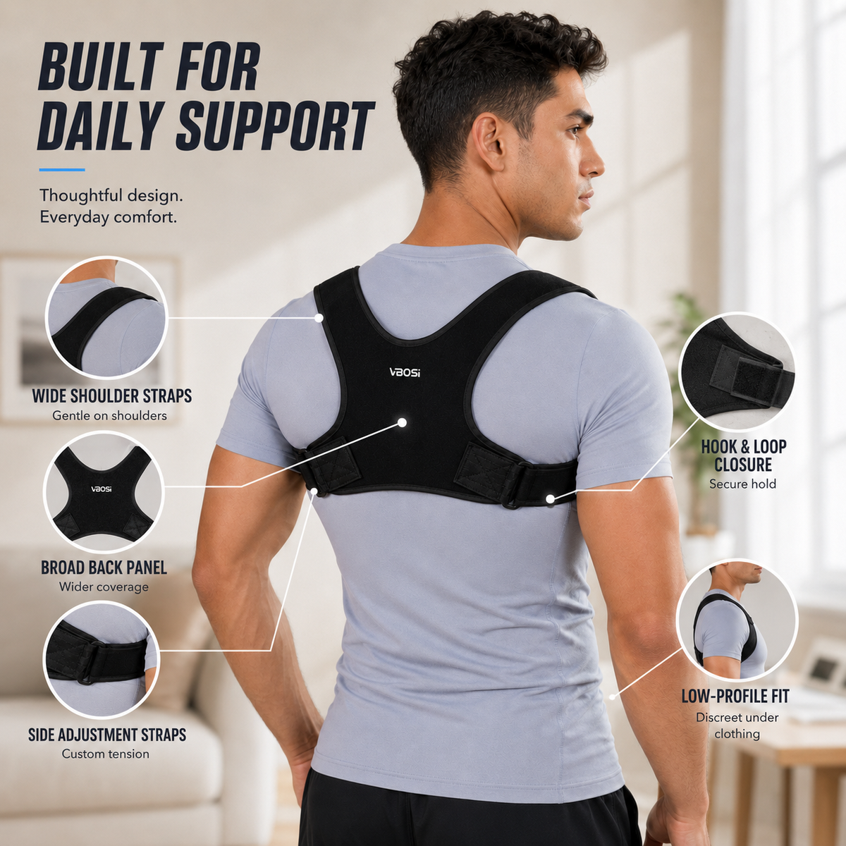 Upper Body Posture Support Harness with Adjustable Tension Straps for Men & Women