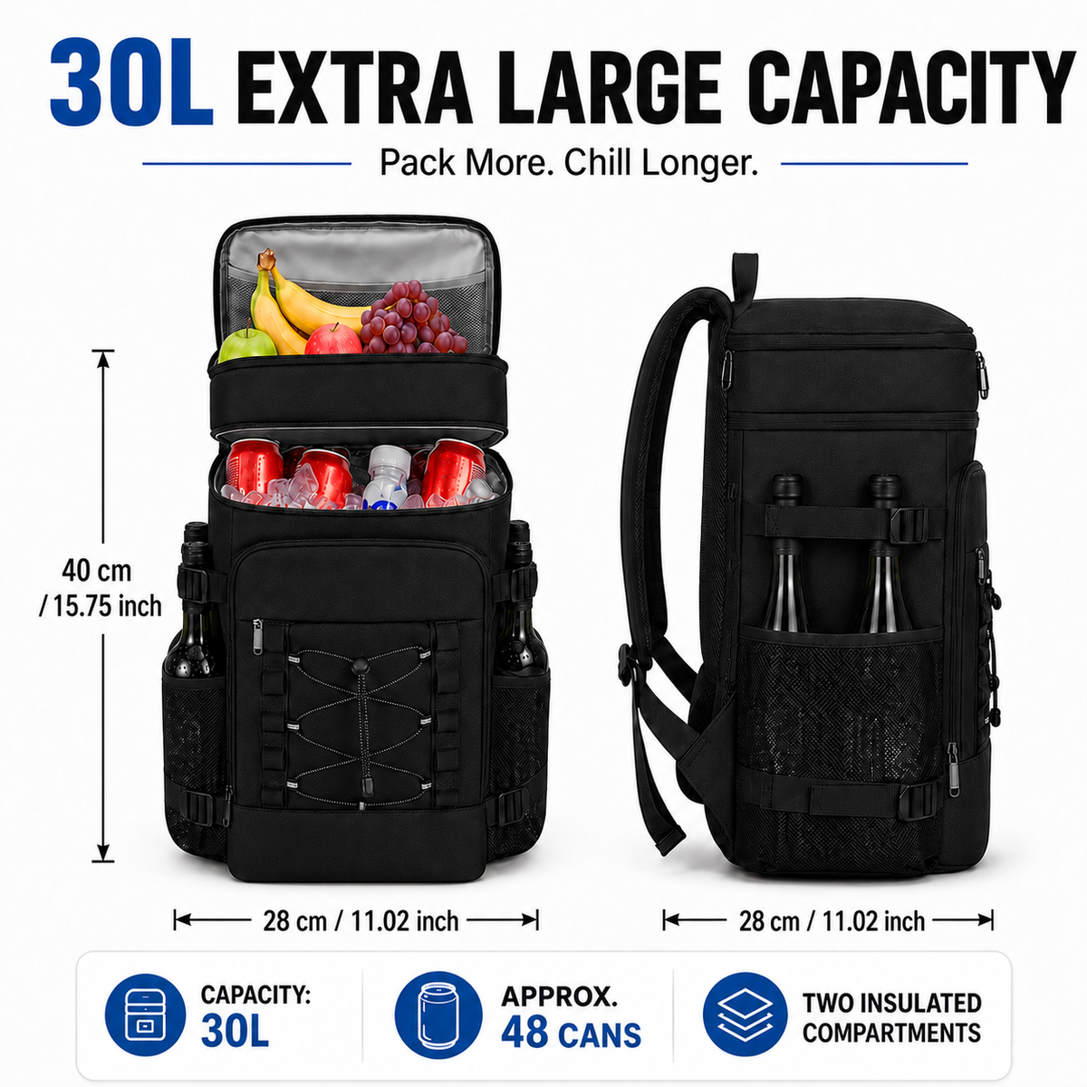 Thermal Backpack Cooler with Dual Compartments & Bottle Pockets for Hiking and Picnics
