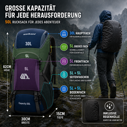 50L Hiking Backpack with Separate Shoe Compartment – Ventilated Back Panel, Padded Straps & Hip Belt – Multi-Day Trail Pack for Camping &