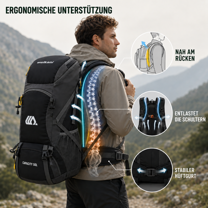 50L Hiking Backpack with Separate Shoe Compartment – Ventilated Back Panel, Padded Straps & Hip Belt – Multi-Day Trail Pack for Camping &