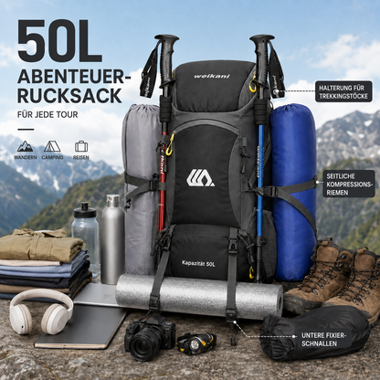 50L Hiking Backpack with Separate Shoe Compartment – Ventilated Back Panel, Padded Straps & Hip Belt – Multi-Day Trail Pack for Camping &