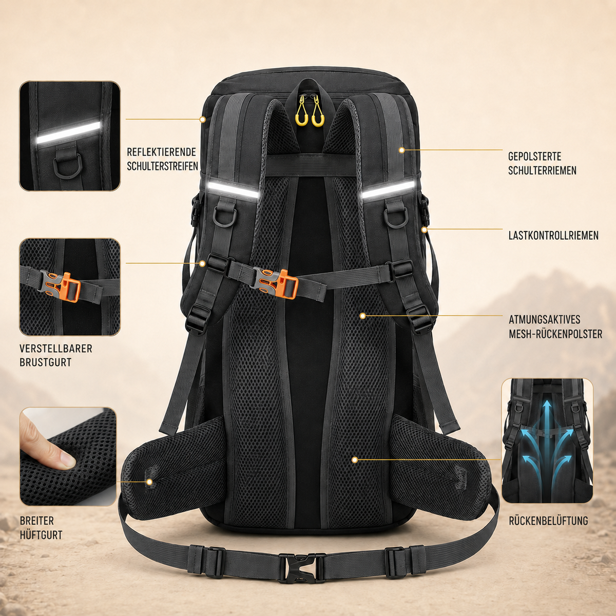 50L Hiking Backpack with Separate Shoe Compartment – Ventilated Back Panel, Padded Straps & Hip Belt – Multi-Day Trail Pack for Camping &