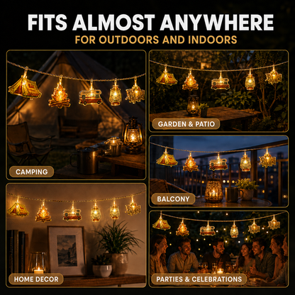 Camping-Themed LED Fairy Lights – Battery-Powered Indoor Outdoor String Lights with Tent, Campfire & Lantern Icons for Patio, Backyard &