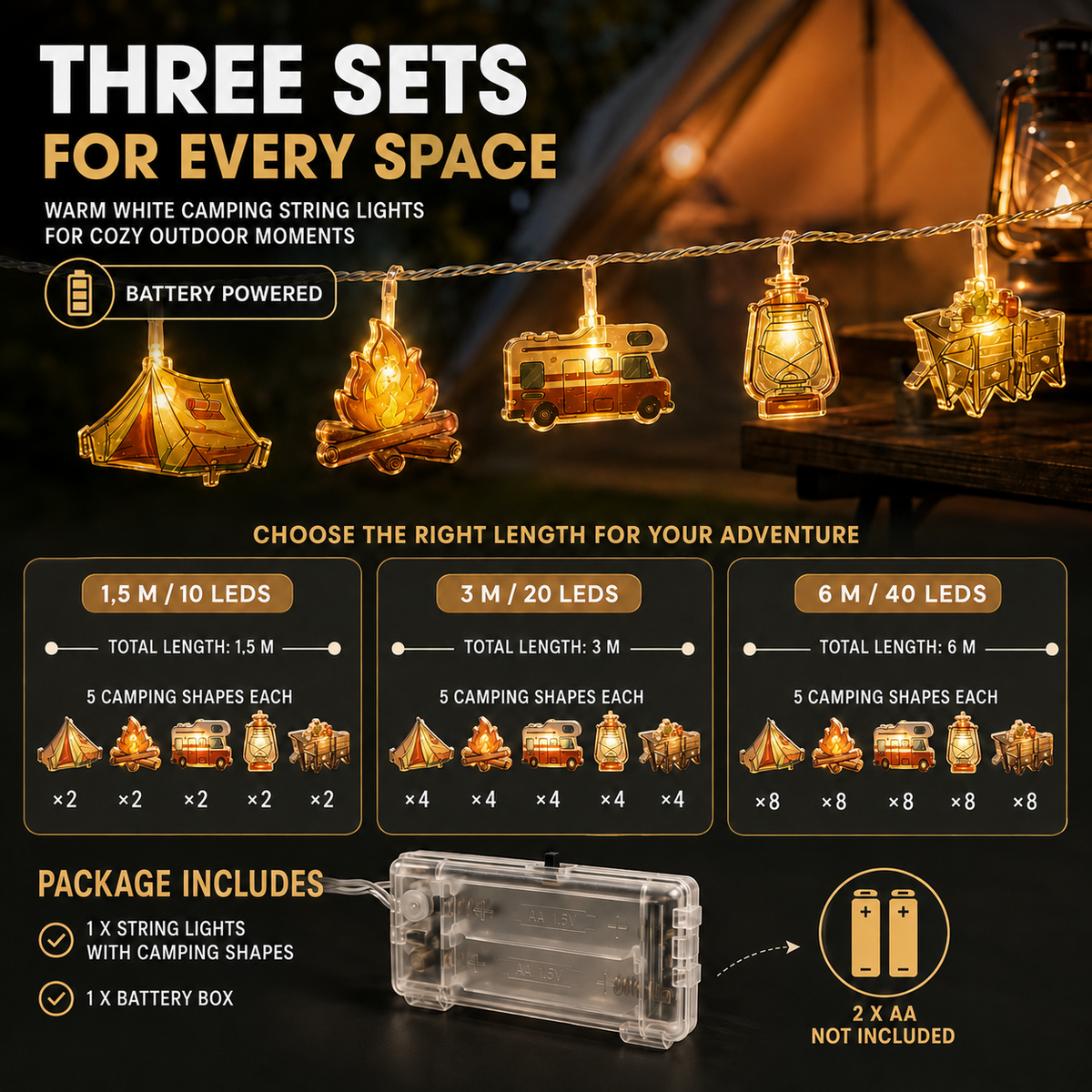 Camping-Themed LED Fairy Lights – Battery-Powered Indoor Outdoor String Lights with Tent, Campfire & Lantern Icons for Patio, Backyard &