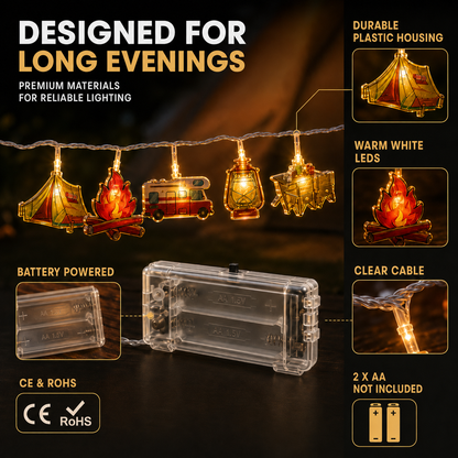 Camping-Themed LED Fairy Lights – Battery-Powered Indoor Outdoor String Lights with Tent, Campfire & Lantern Icons for Patio, Backyard &