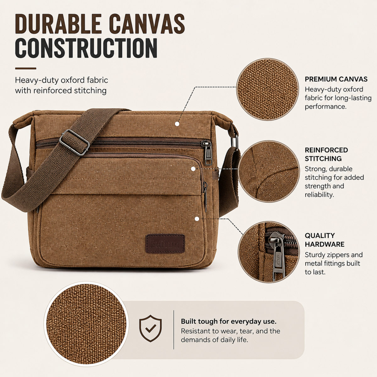 Canvas Crossbody Satchel - Adjustable Strap Shoulder Bag with Zip Pockets for Daily Carry, Work & Travel
