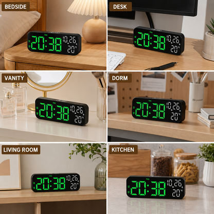 Digital LED Alarm Clock with Temperature Display & Voice Control for Bedroom, Nightstand Desktop Clock with Date, Night Mode Dimmer & Dual