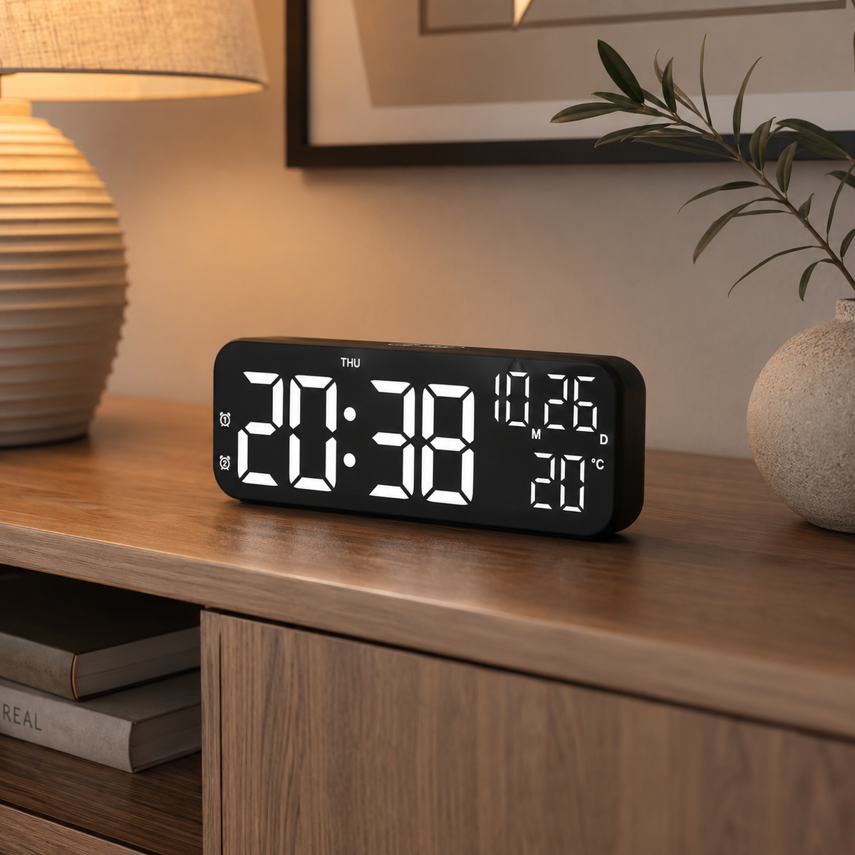 Digital LED Alarm Clock with Temperature Display & Voice Control for Bedroom, Nightstand Desktop Clock with Date, Night Mode Dimmer & Dual
