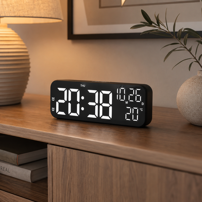 Digital LED Alarm Clock with Temperature Display & Voice Control for Bedroom, Nightstand Desktop Clock with Date, Night Mode Dimmer & Dual