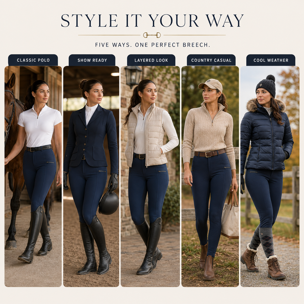 Women's Stretch Equestrian Riding Pants with Contrast Panels & Zip Pockets for Horse Riding