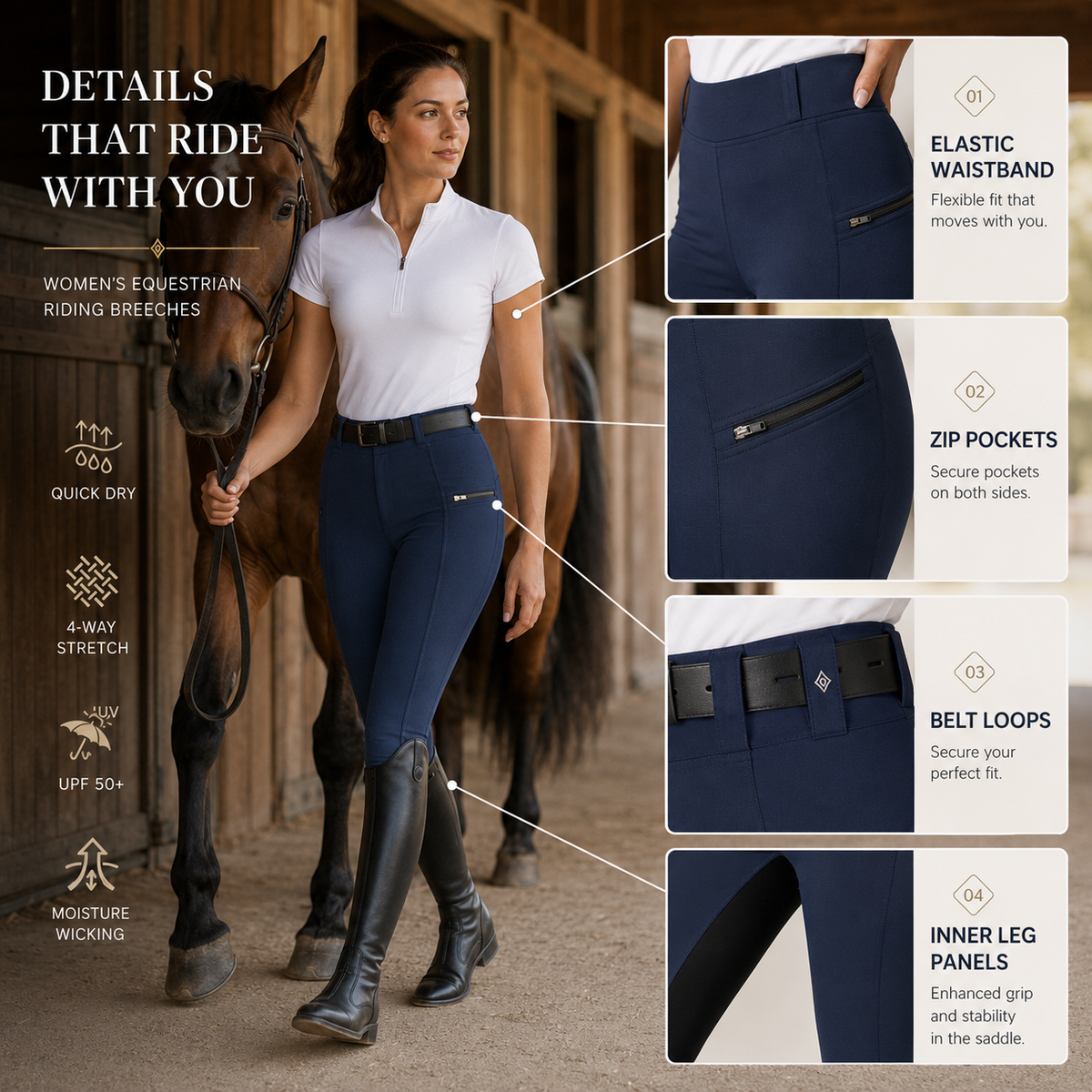 Women's Stretch Equestrian Riding Pants with Contrast Panels & Zip Pockets for Horse Riding