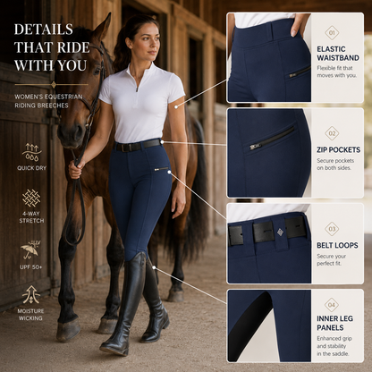 Women's Stretch Equestrian Riding Pants with Contrast Panels & Zip Pockets for Horse Riding
