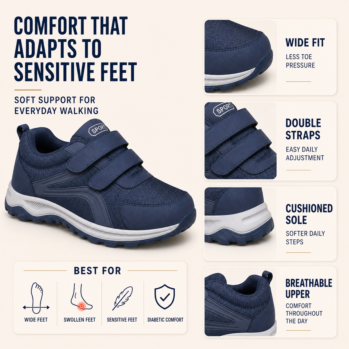 Men's Extra-Wide Orthopedic Walking Shoes with Adjustable Dual Straps for Swollen Feet & All-Day Comfort