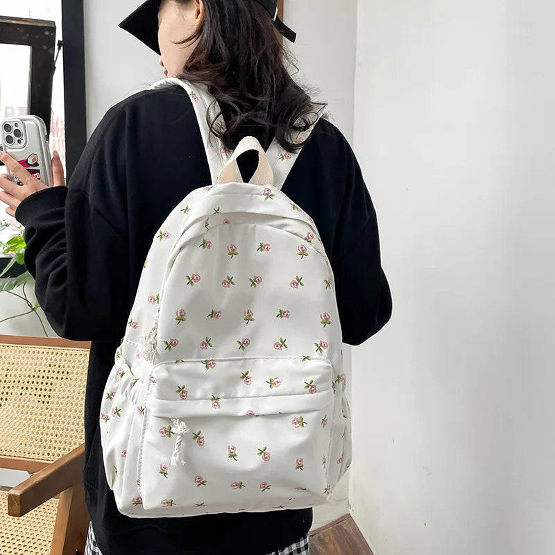 Floral Print School Backpack with Multiple Pockets for Students & Daily Use