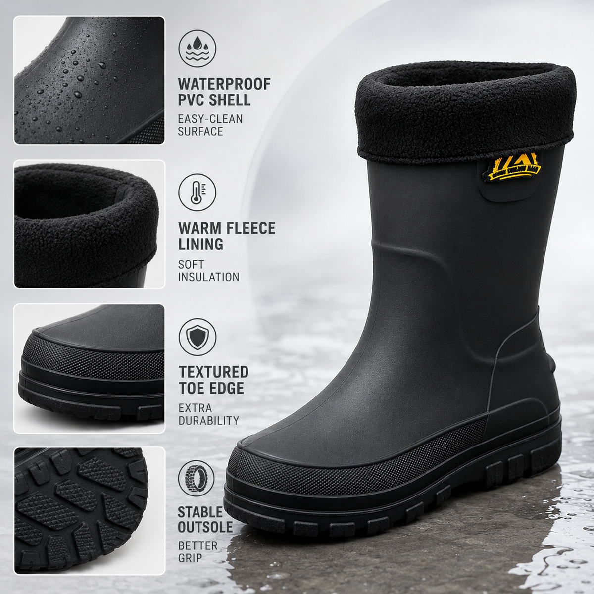 Waterproof Insulated Mid-Calf Winter Rain Boots for Men – Non-Slip Faux Fur Lined Outdoor Work Boot