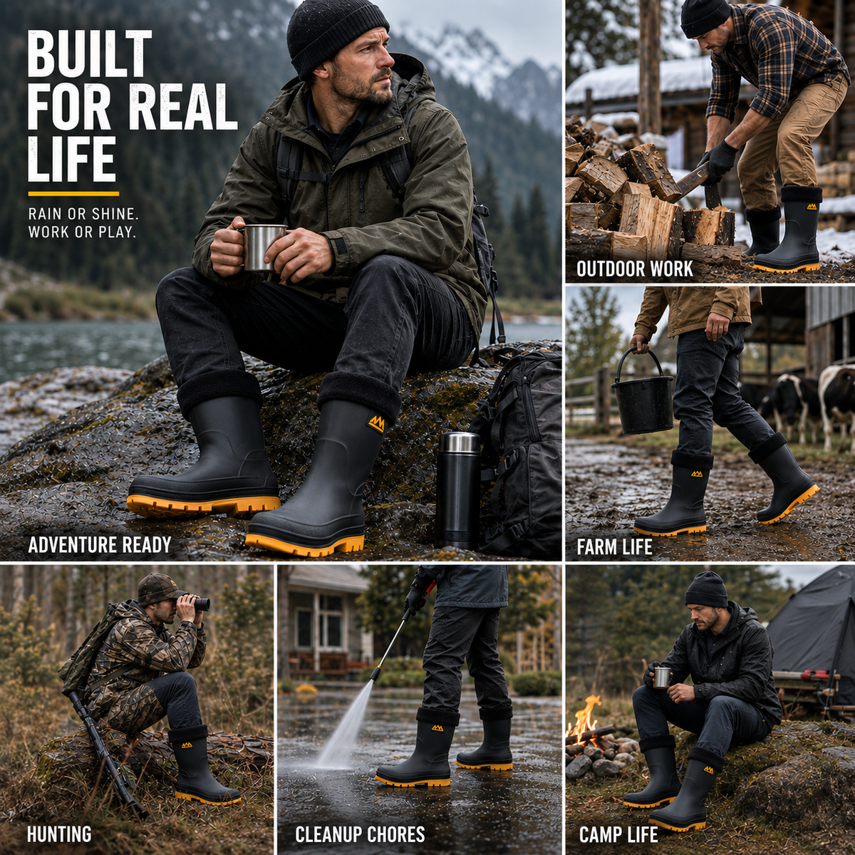 Waterproof Insulated Mid-Calf Winter Rain Boots for Men – Non-Slip Faux Fur Lined Outdoor Work Boot