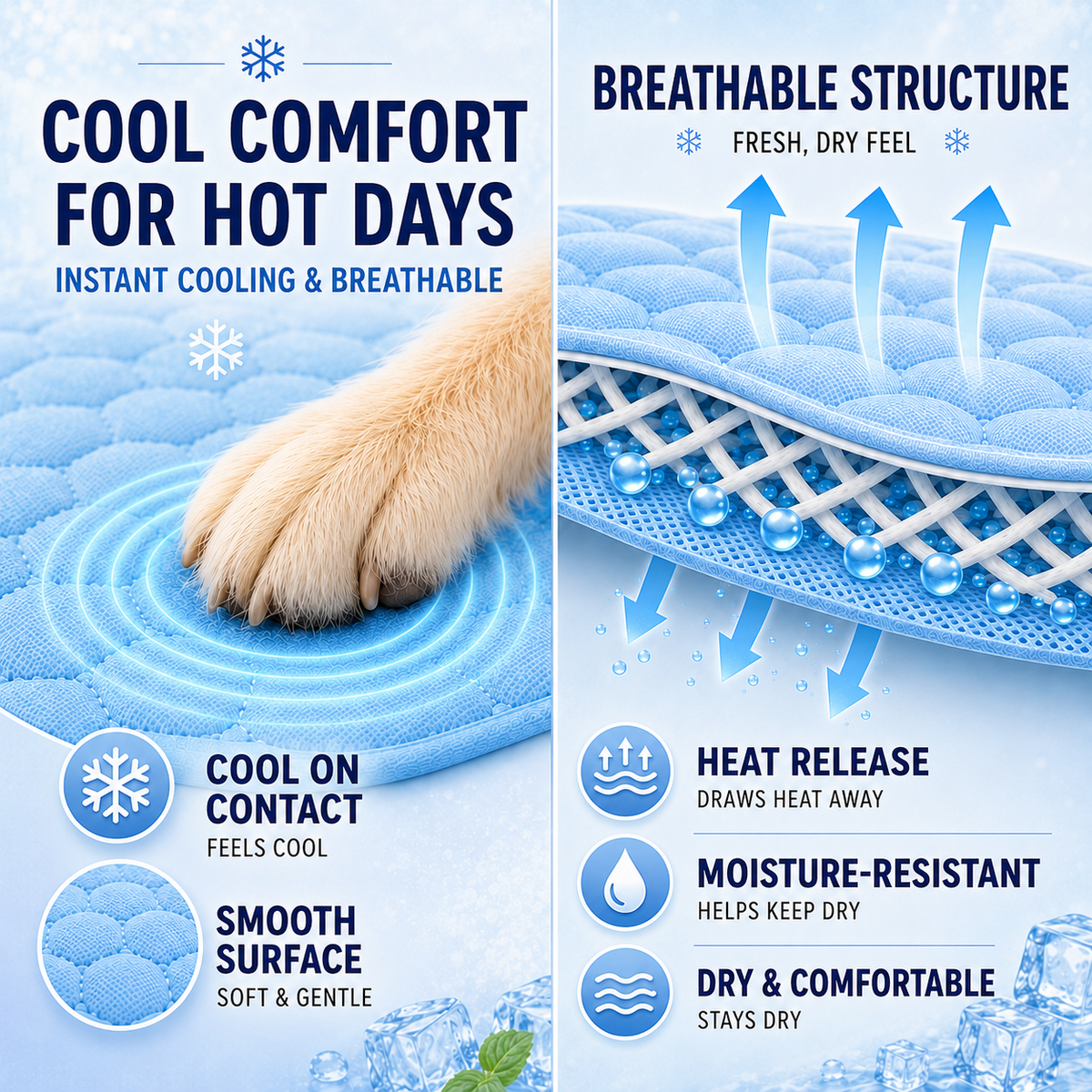 Machine-Washable Cool-Touch Pet Bed Pad for Dogs & Cats – Travel-Ready Foldable Chill Blanket for Summer Heat Relief, 6 Size Options for