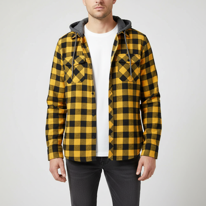 Hooded Plaid Flannel Button-Down Shirt for Men – Long Sleeve Cotton Blend with Double Pockets for Spring Fall Casual Wear