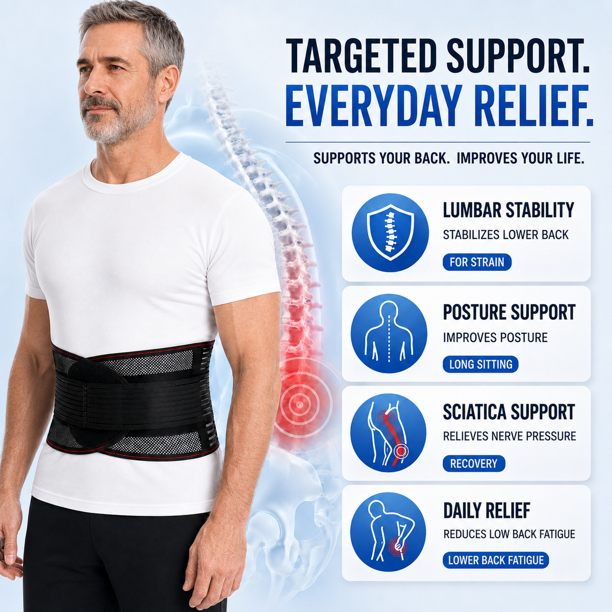 Adjustable Lower Back Support Brace with Dual-Strap Compression for Pain Relief & Posture Correction