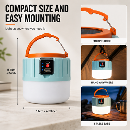 Dual-Power LED Camp Lantern with Remote Control – Solar & USB Rechargeable, Waterproof, Phone Charger for Camping, Hiking, Emergencies &