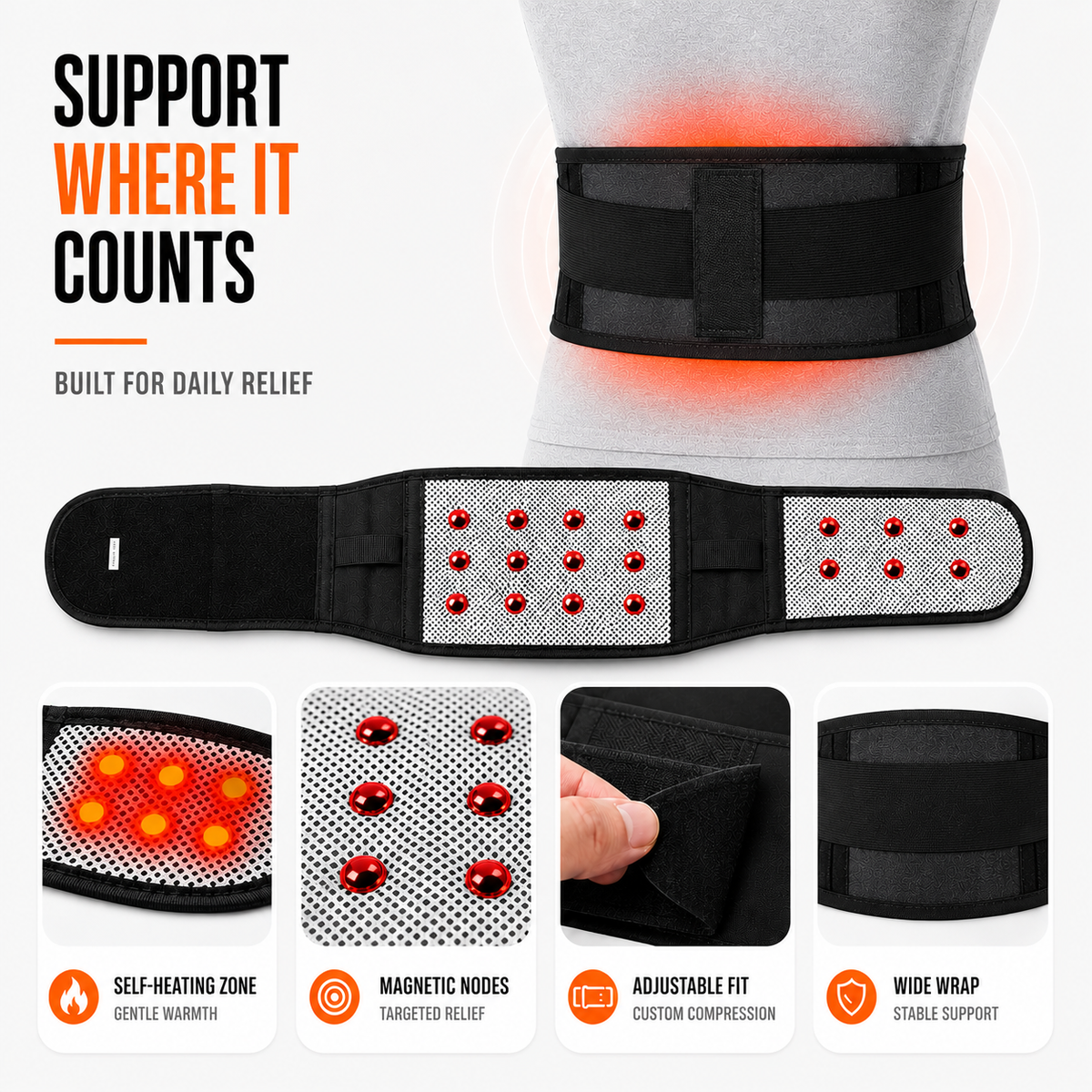 Adjustable Lower Back Support Belt with Self-Heating Therapy & Magnetic Nodes for Pain Relief