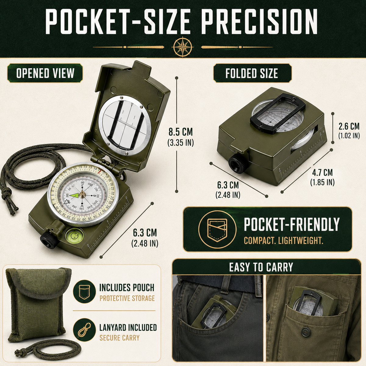 Lensatic Sighting Compass with Folding Design for Hiking & Outdoor Navigation | Portable Pocket Compass