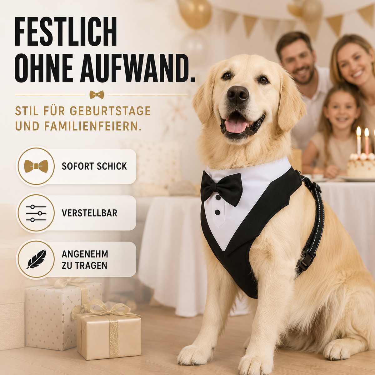 Dog Tuxedo Harness with Bow Tie for Weddings & Parties – Adjustable Vest Harness Small to Large Breeds – Formal Pet Outfit Costume