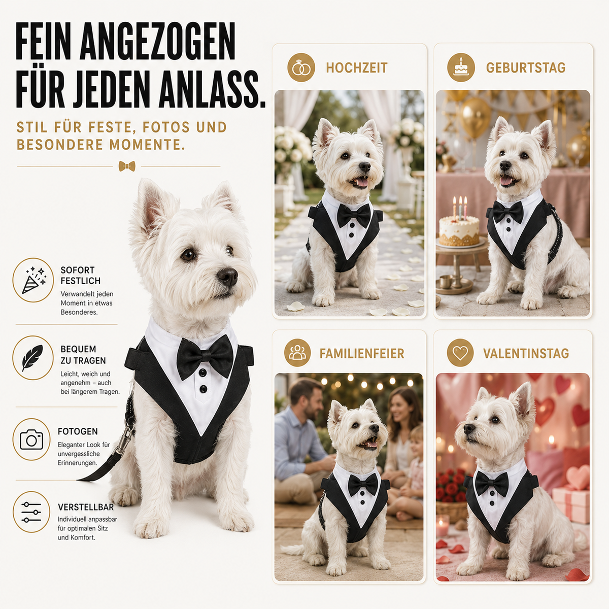 Dog Tuxedo Harness with Bow Tie for Weddings & Parties – Adjustable Vest Harness Small to Large Breeds – Formal Pet Outfit Costume