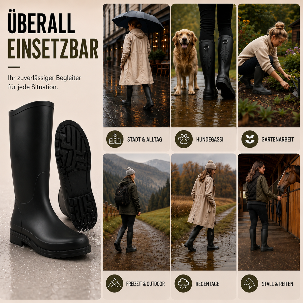Women's Waterproof Rain Boots Mid-Calf – Slip-On PVC Wellington Boots for Wet Weather, Mud & Garden
