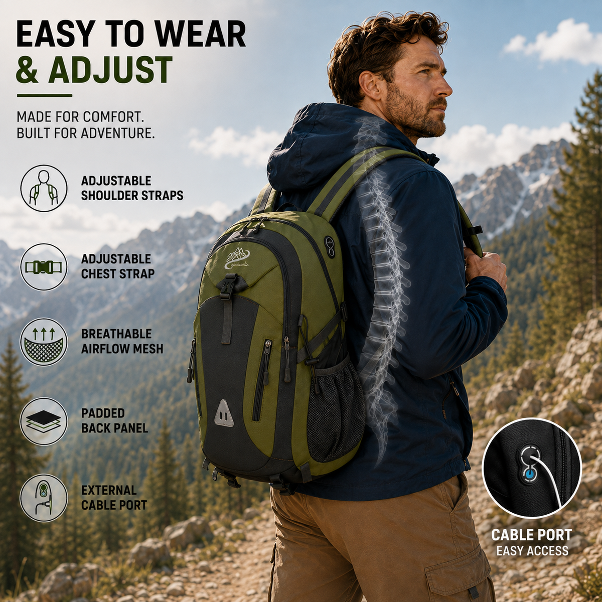 40L Outdoor Backpack with Padded Mesh Panels & Adjustable Straps for Hiking and Travel