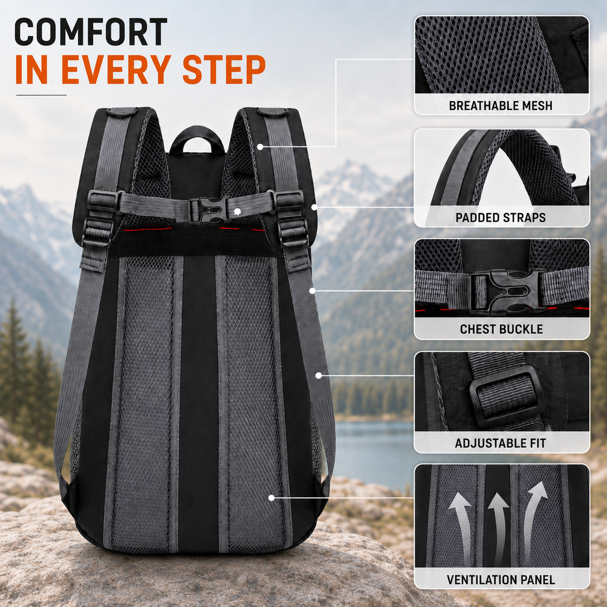 40L Outdoor Backpack with Padded Mesh Panels & Adjustable Straps for Hiking and Travel