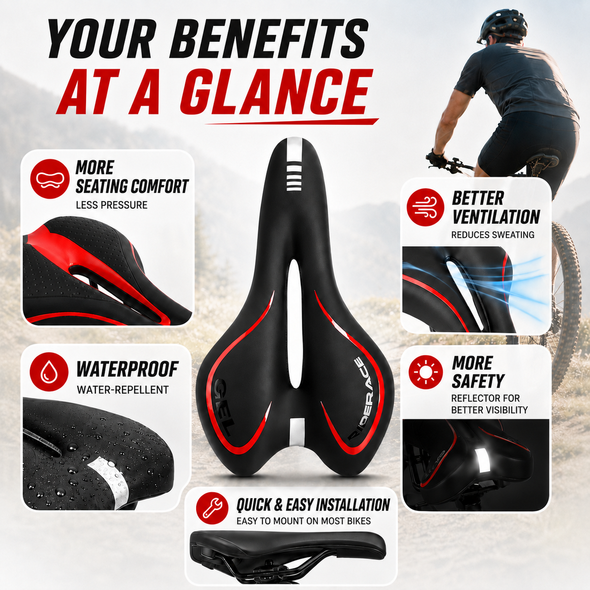 Pressure-Relief Bike Saddle with Center Channel for Road & Time Trial Cycling – Foam Cushion, Water-Resistant Cover, Standard Rail Mount