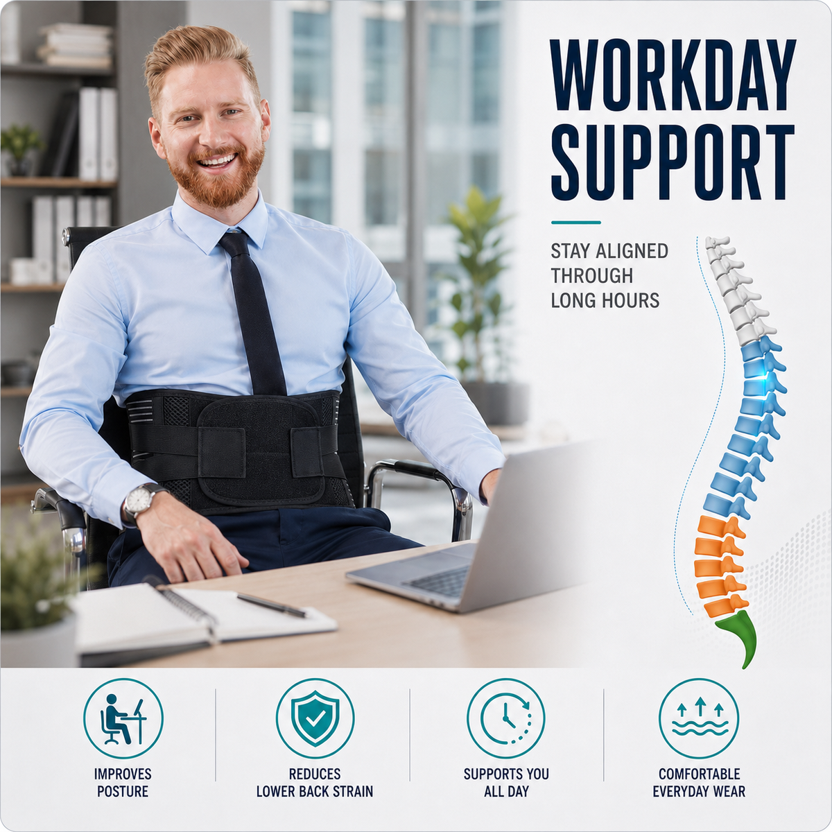 Adjustable Lower Back Support Brace with Dual Compression Straps for Posture Relief and Heavy Lifting