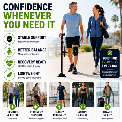 Quad-Base Folding Walking Cane with LED Light & Alarm for Stability, Balance Support & Mobility Aid