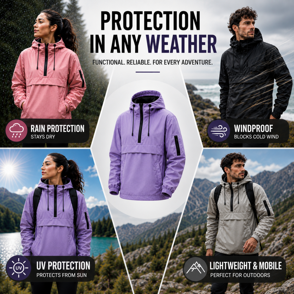 Weatherproof Half-Zip Windbreaker Jacket with Hood – Lightweight Water-Resistant Pullover for Men & Women