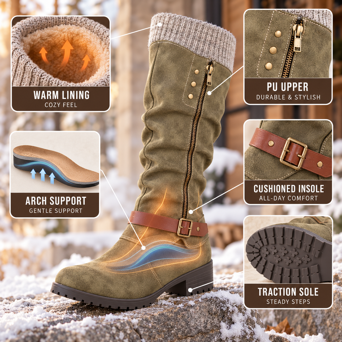 Insulated Mid-Calf Winter Boots with Arch Support for Women & Men – Side Zip Entry, Non-Slip Sole, Cold Weather Footwear
