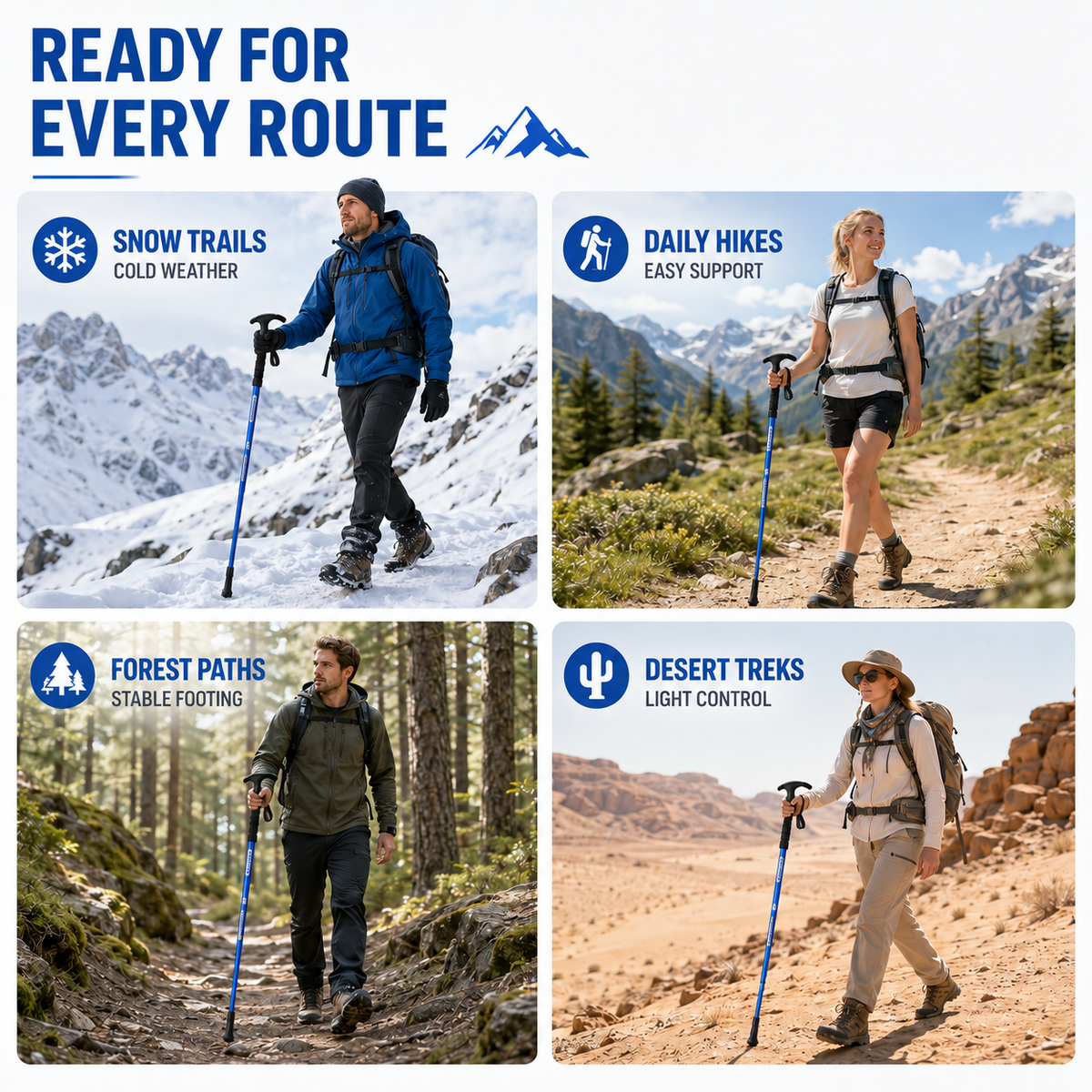 Collapsible Hiking Pole 4-Section Adjustable Trekking Stick Aluminum Alloy Lightweight Walking Staff Ergonomic T-Handle for Mountain Trails