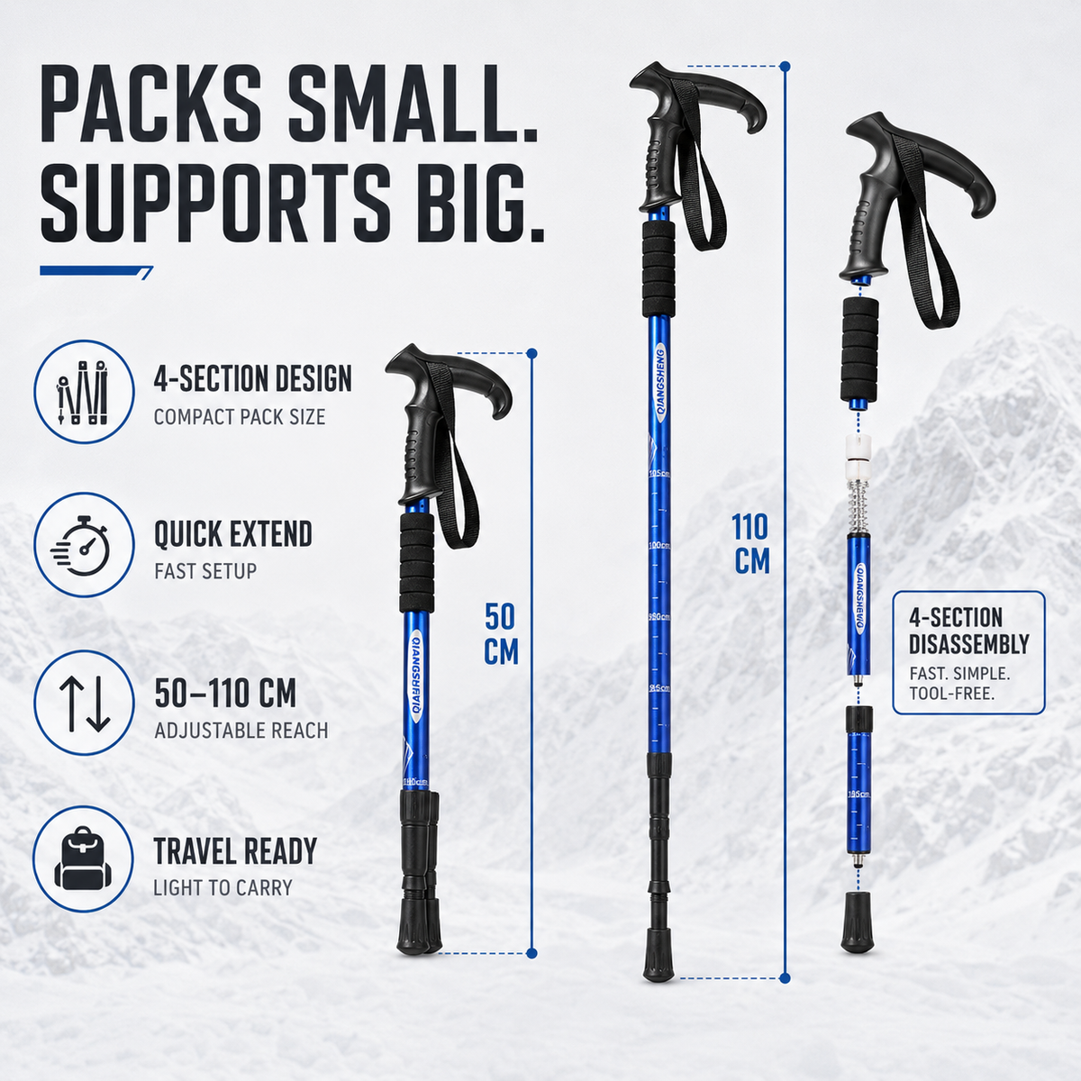 Collapsible Hiking Pole 4-Section Adjustable Trekking Stick Aluminum Alloy Lightweight Walking Staff Ergonomic T-Handle for Mountain Trails