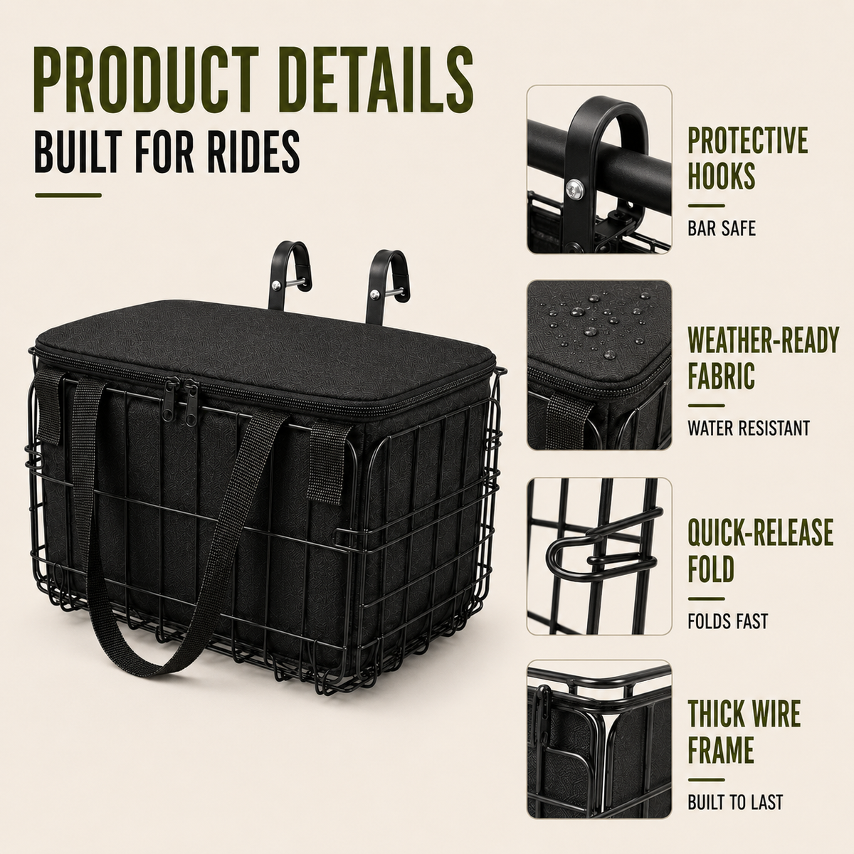 Collapsible Wire Bicycle Cargo Carrier with Waterproof Liner – Front or Rear Mount for Errands, Groceries & Pets