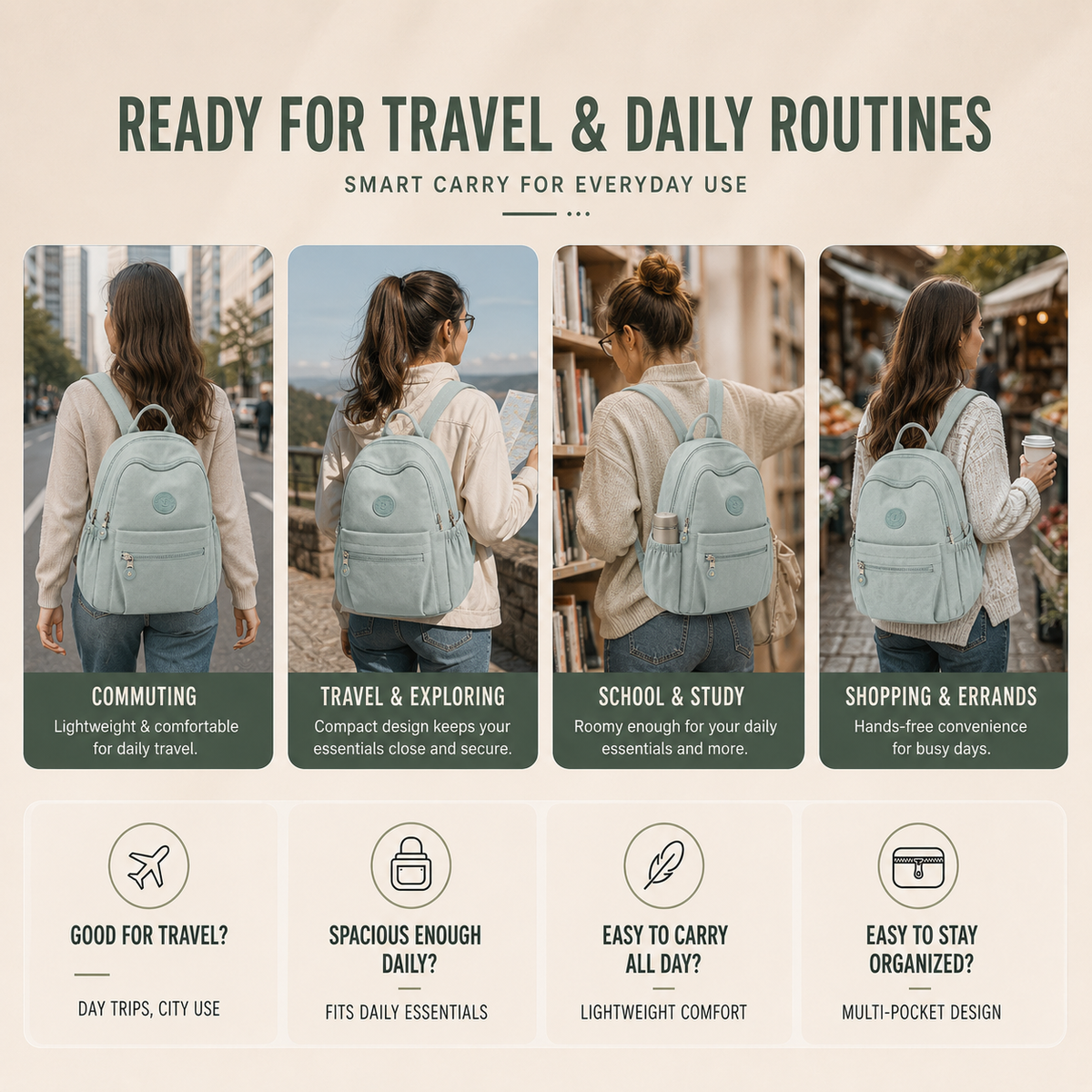 Compact Nylon Daypack with Anti-Theft Zippers – 11L Travel-Ready Mini Backpack for Commuting, School & Daily Errands