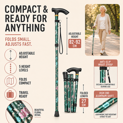 Adjustable Folding Cane with Floral Print & Lightweight Aluminum Frame for Travel