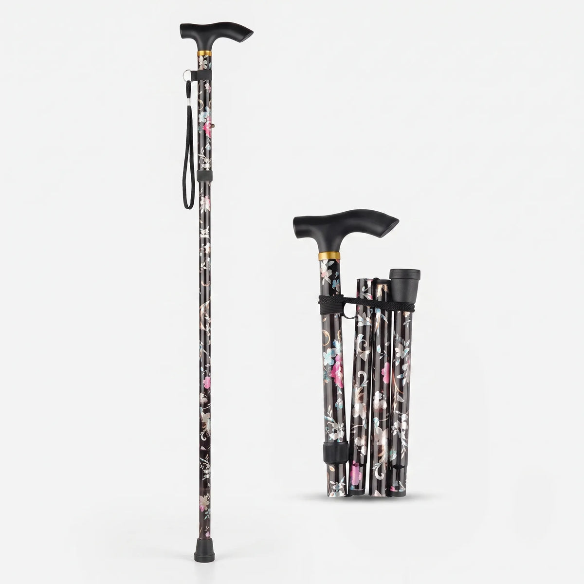 Adjustable Folding Cane with Floral Print & Lightweight Aluminum Frame for Travel
