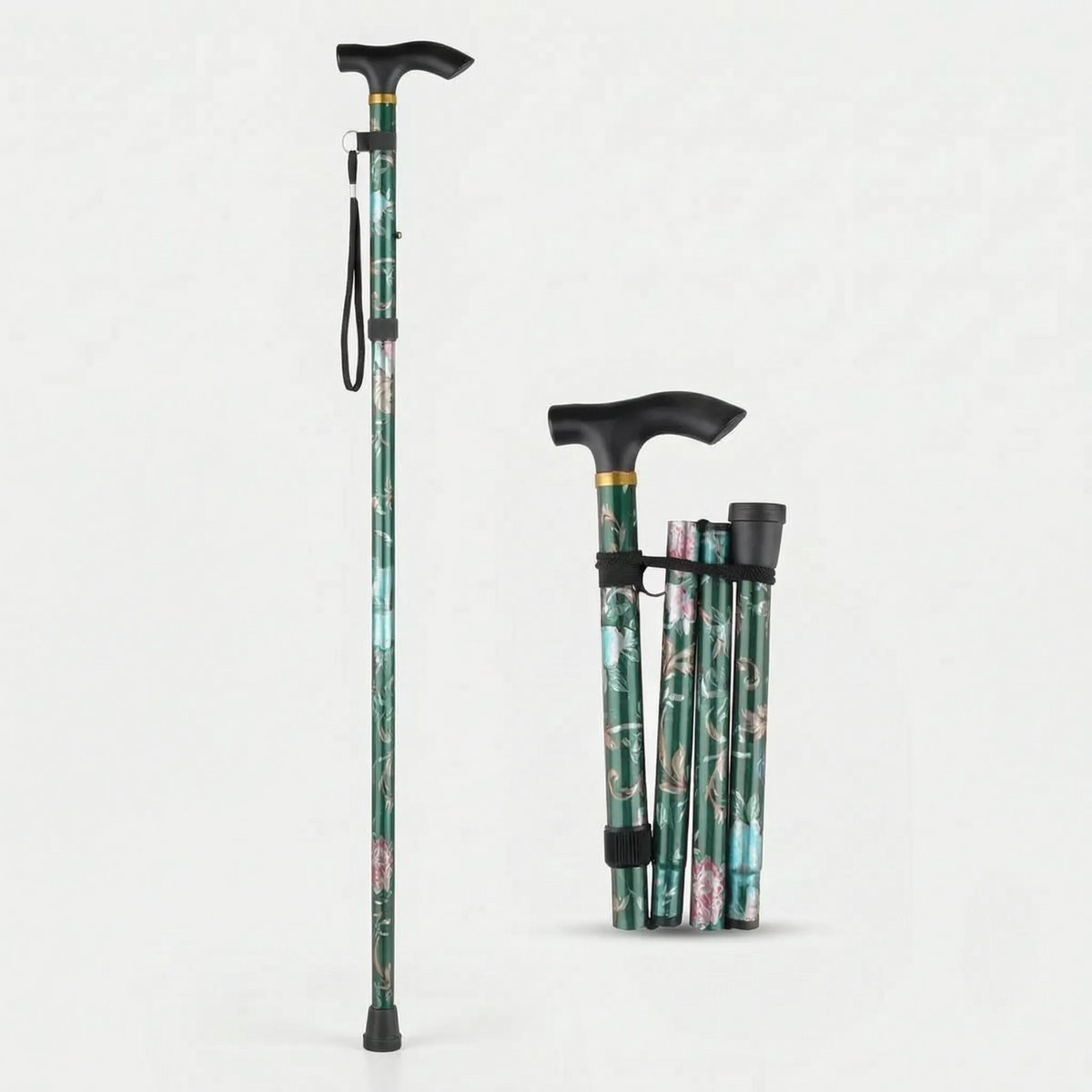 Adjustable Folding Cane with Floral Print & Lightweight Aluminum Frame for Travel