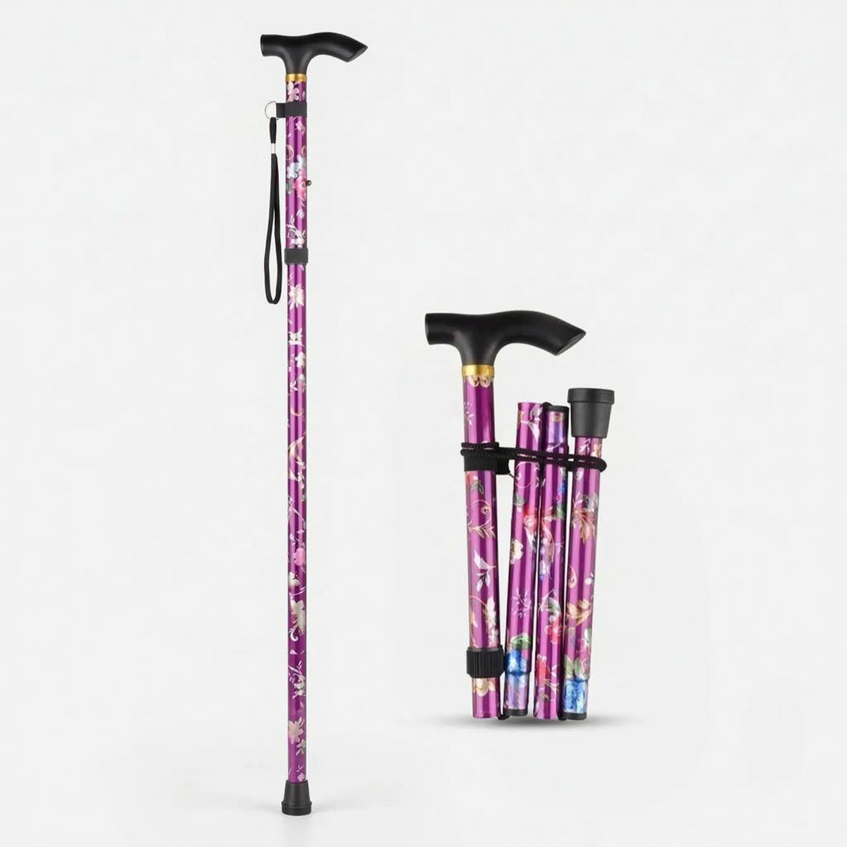 Adjustable Folding Cane with Floral Print & Lightweight Aluminum Frame for Travel