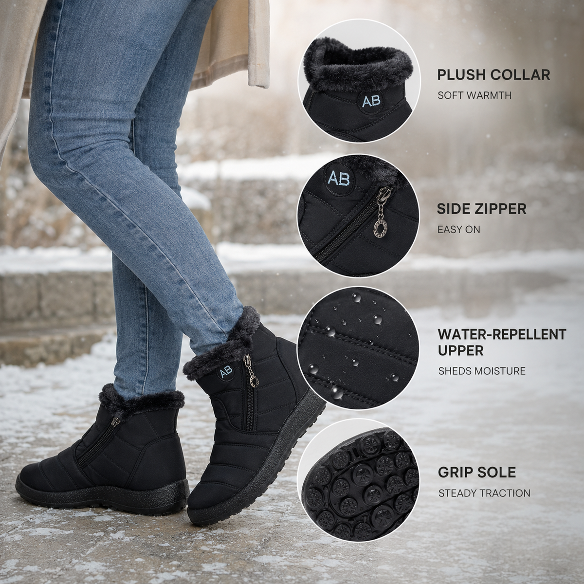Women's Insulated Waterproof Ankle Boots with Side Zip & Anti-Slip Sole for Cold Weather Walking