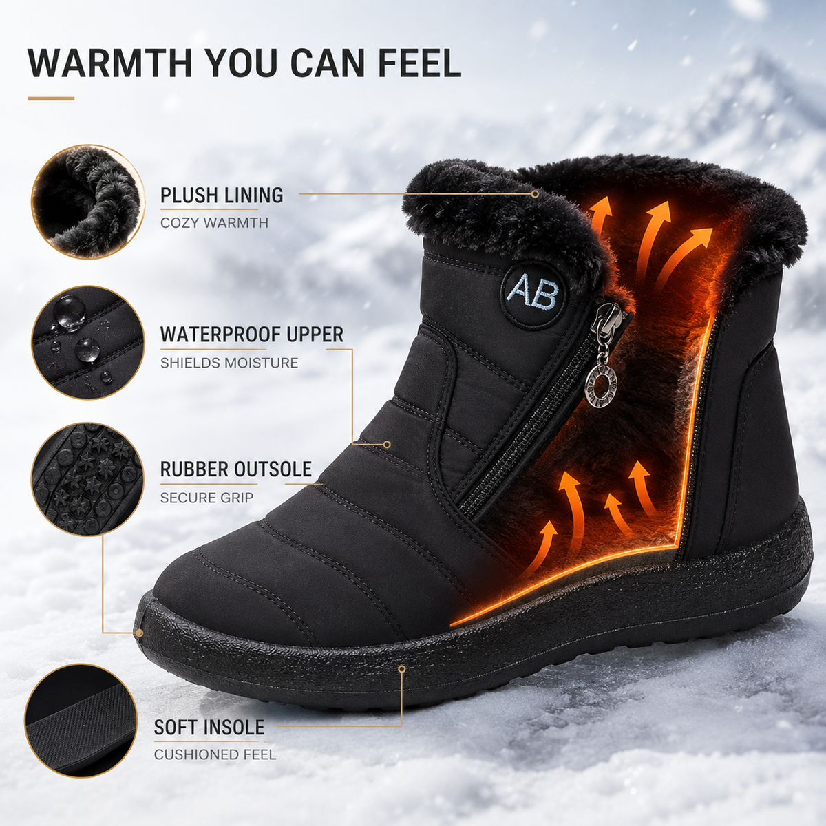 Women's Insulated Waterproof Ankle Boots with Side Zip & Anti-Slip Sole for Cold Weather Walking