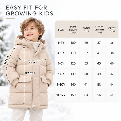 Insulated Longline Hooded Puffer Jacket for Kids – Full-Zip Heavyweight Winter Coat Ages 3-12