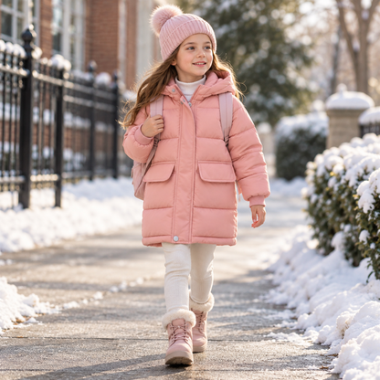 Insulated Longline Hooded Puffer Jacket for Kids – Full-Zip Heavyweight Winter Coat Ages 3-12