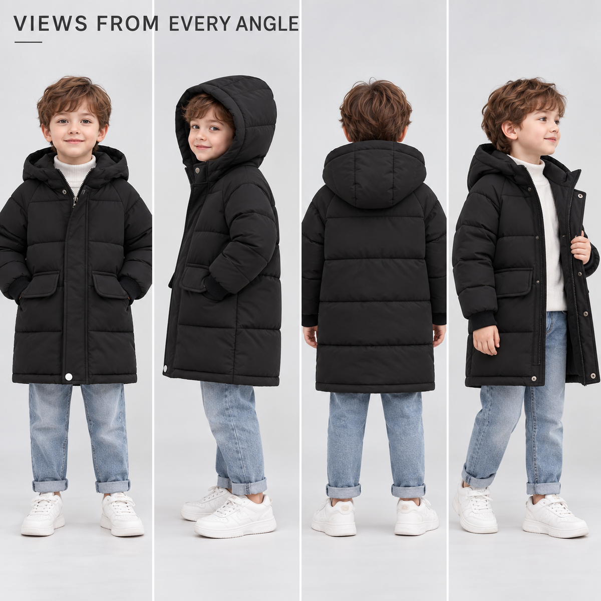 Insulated Longline Hooded Puffer Jacket for Kids – Full-Zip Heavyweight Winter Coat Ages 3-12